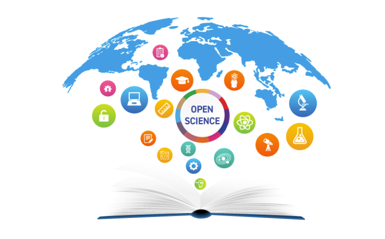 image of a book opening up with the world coming out of the pages and various icons representative of data science fields to represent Open Science